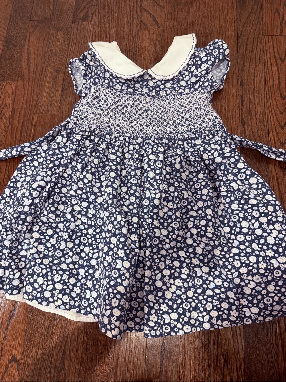 Anavini Blue and White Floral Smocked Kids Dress with Peter Pan Collar